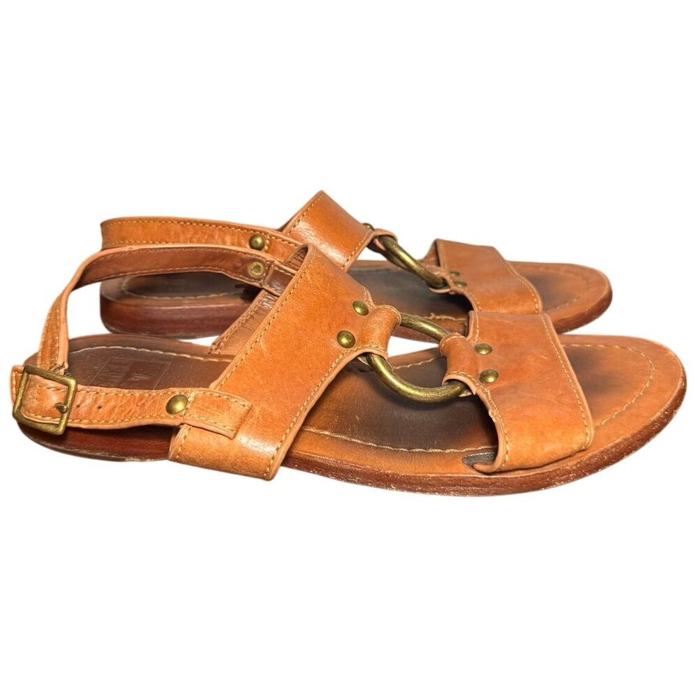 FRYE Rachel Harness Tan Leather Flat Sandal Brass O Ring Ankle Womens Size 7